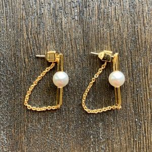 Gold Bar and Pearl Earrings with Dangle Chain